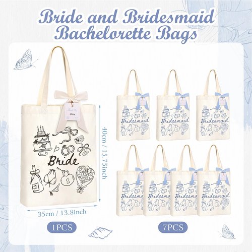 Hennchi 8 Pieces Bridesmaid Tote Bags Reusable Canvas Bridesmaid Gift Bags for Bridal Shower Bachelorette Beach Tote(Bride and Bridesmaid, Dusty Blue,Black)