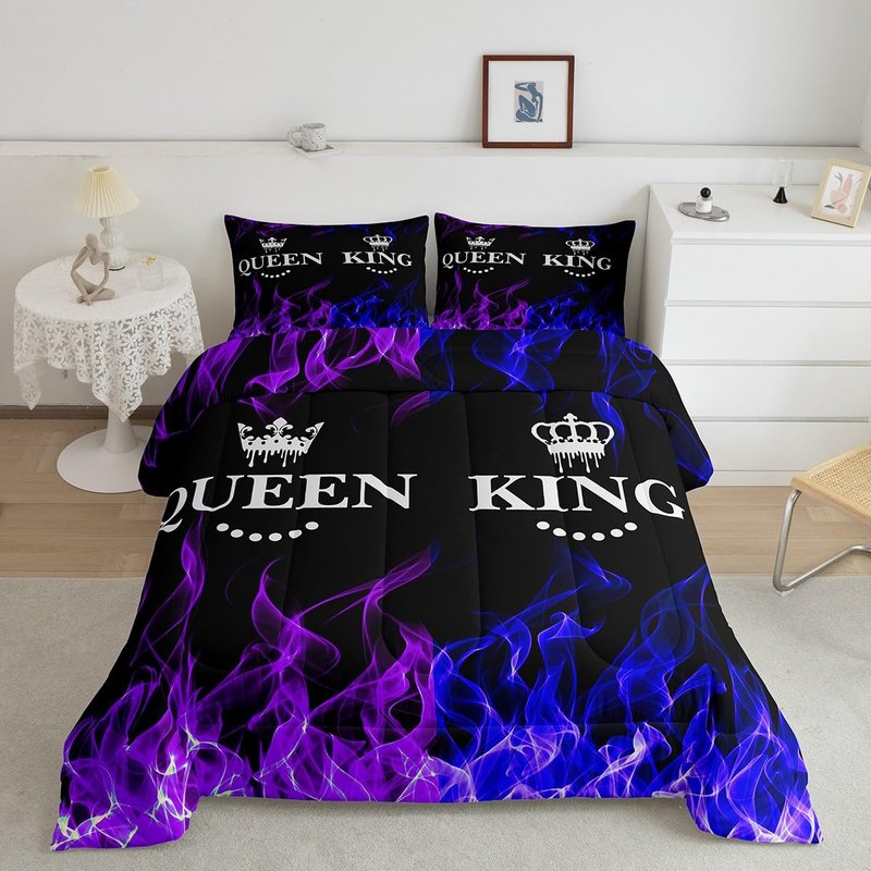 Feelyou King and Queen Crown Comforter Set Modern Chic Bedding Set King Size Duvet Insert All Season Sets for Couples 3 Pieces Purple Blue Flame Quilt Valentines Day Gifts Decorative Bedroom