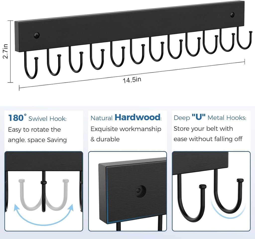 Skiennix Wooden Belt Hanger - Wall-Mounted 2-Pack with 24 Storage Capacity | 180° Rotating Design for Ties, Scarves, and More