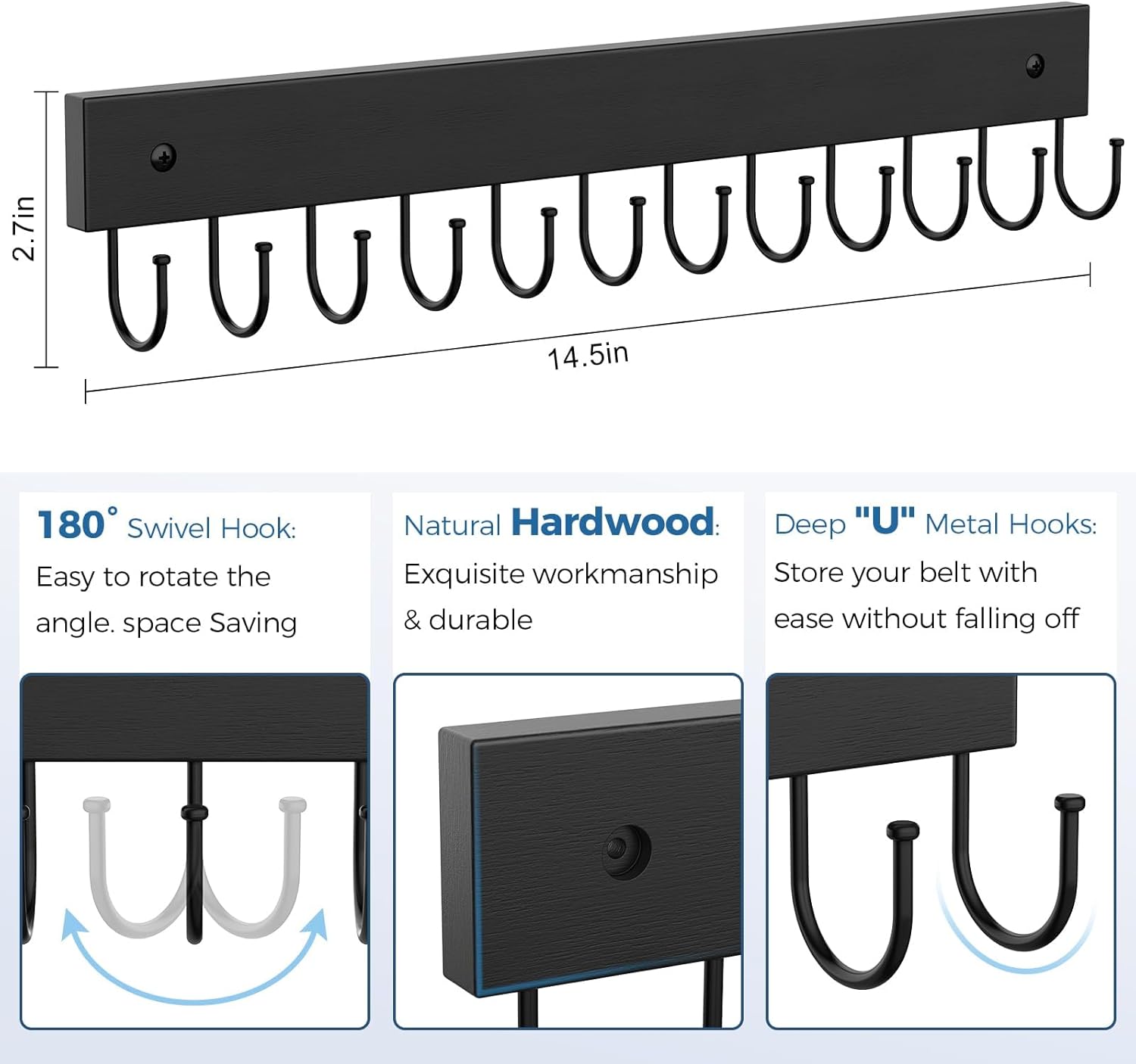 Skiennix Wooden Belt Hanger - Wall-Mounted 2-Pack with 24 Storage Capacity | 180° Rotating Design for Ties, Scarves, and More