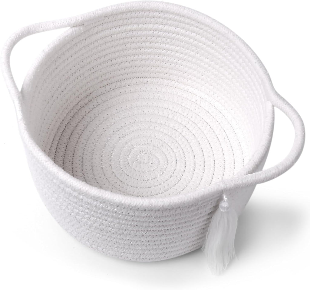 SweetMemo Small White Gift Basket - Decorative Woven Basket for Kids & Baby Showers | Mini Cotton Rope Bin with Handles