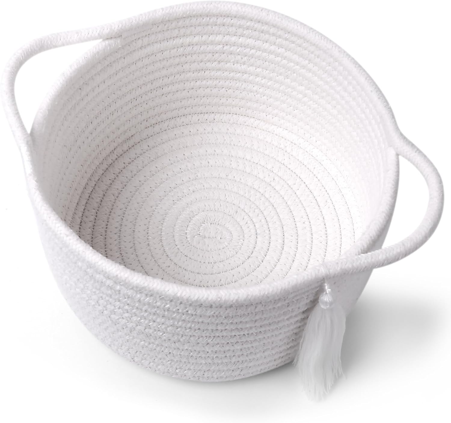 SweetMemo Small White Gift Basket - Decorative Woven Basket for Kids & Baby Showers | Mini Cotton Rope Bin with Handles