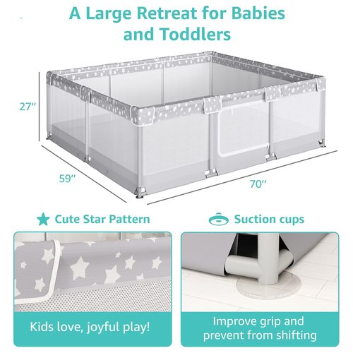 Large Baby Playpen - 70x59in Giant Play Yard for Toddlers 1-3 | Safe Indoor Play Fence in Grey