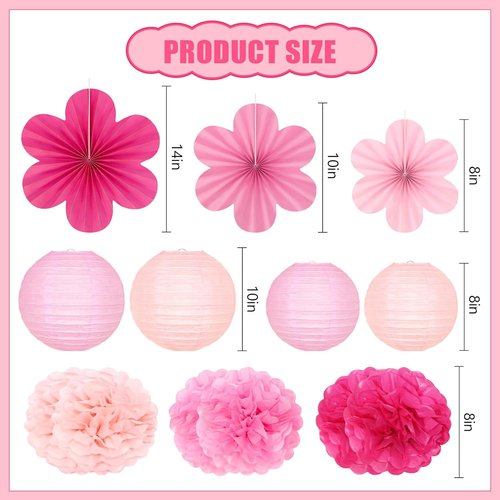19 Pcs Pink Party Decorations - Light Hot Pink Lanterns, Paper Flowers & Tissue Pom Poms for Events