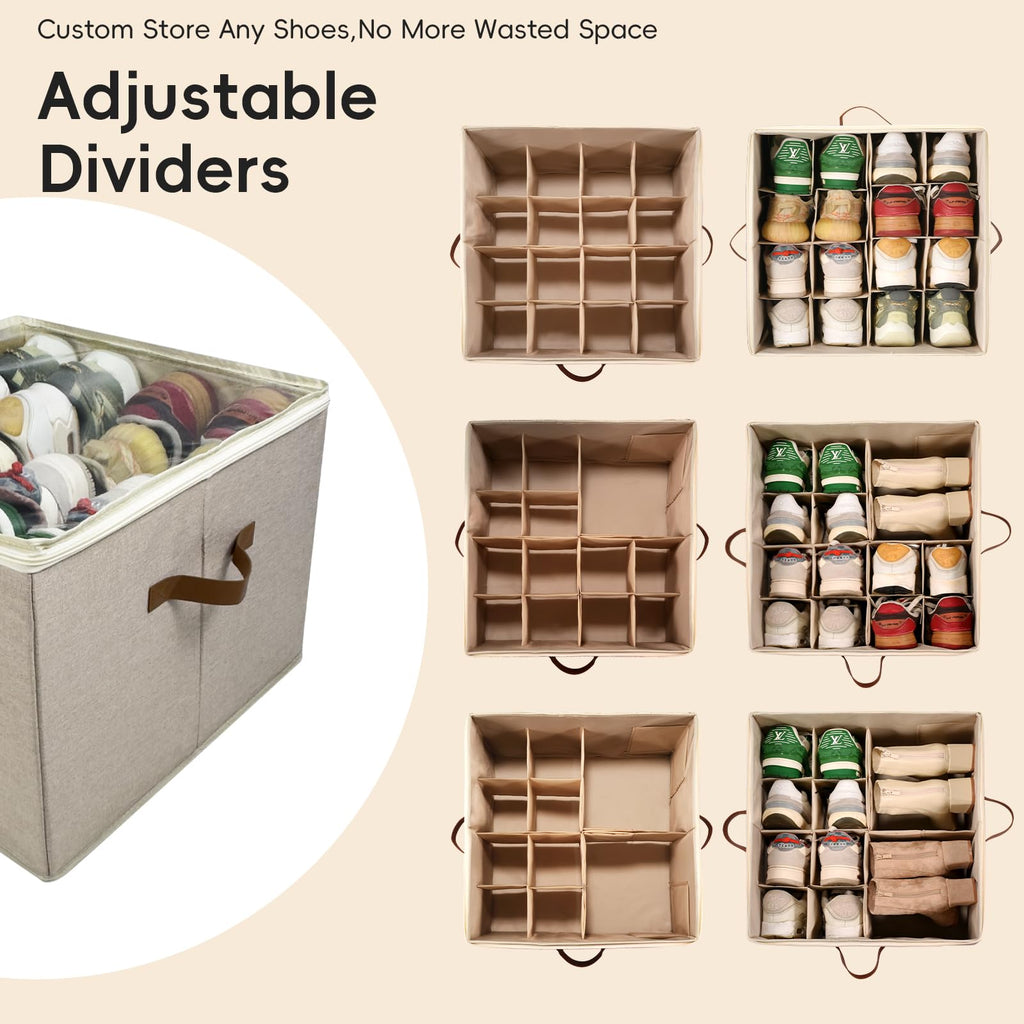 Fuonsyn 2-Pack Shoe Storage Organizer for Closet - Large Capacity Fits 16-32 Pairs, Clear Cover with Reinforced Handles, Adjustable Dividers, Dustproof Stackable Containers, Khaki