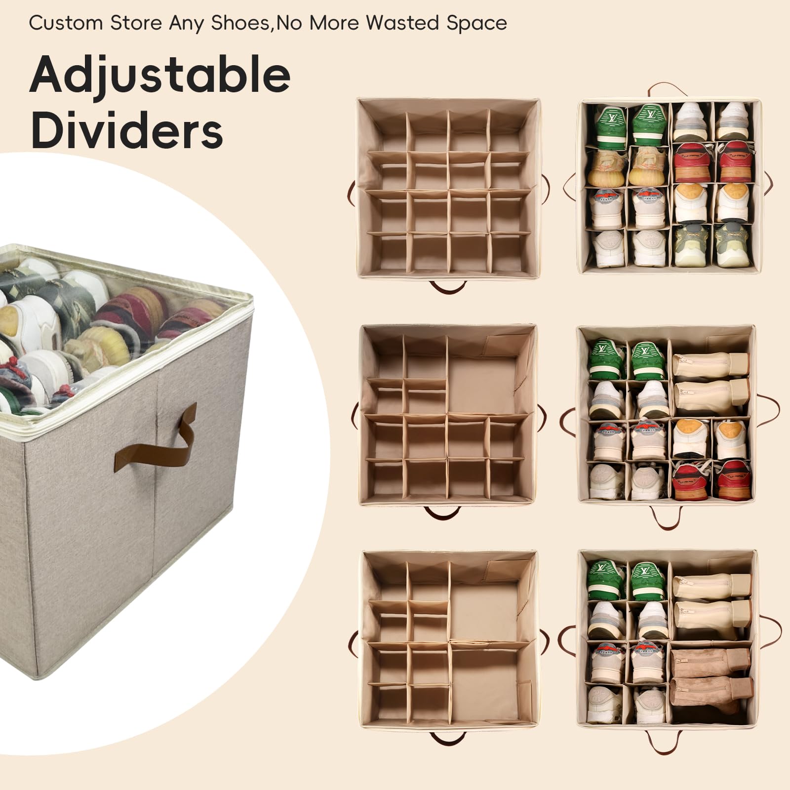 Fuonsyn 2-Pack Shoe Storage Organizer for Closet - Large Capacity Fits 16-32 Pairs, Clear Cover with Reinforced Handles, Adjustable Dividers, Dustproof Stackable Containers, Khaki