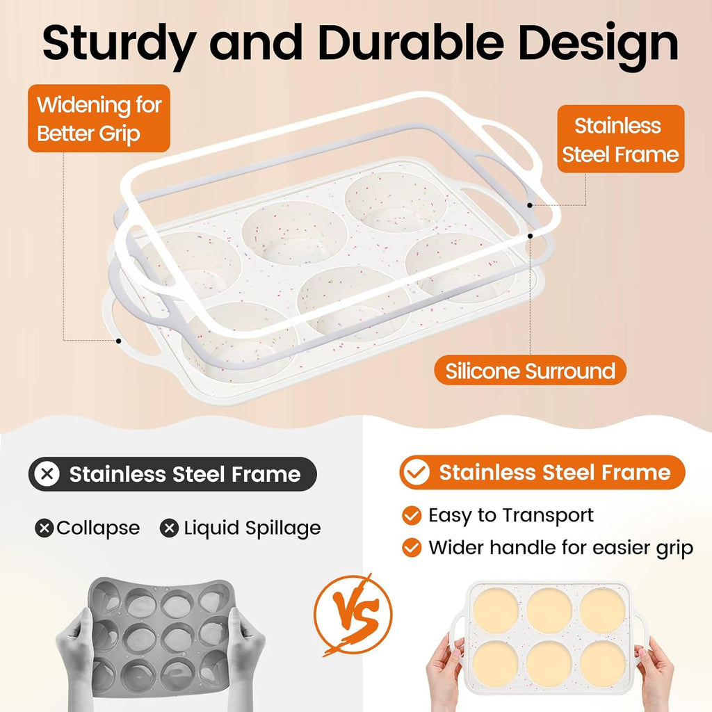 Silicone Jumbo Muffin Pan Set by [Brand Name] - Non-Stick, BPA-Free, Dishwasher Safe | 6 Cup with Metal Frame & Handles