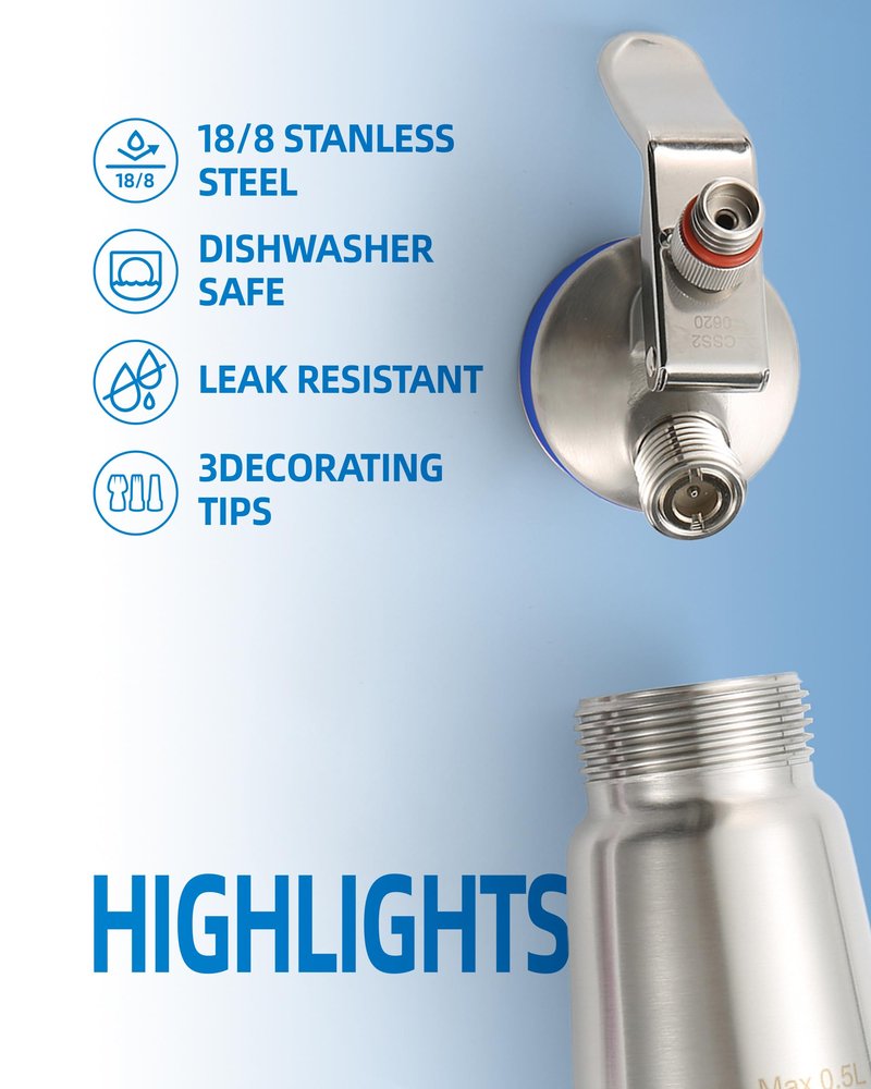 MOSA Professional 1 Pint (500mL) Blue Stainless Steel Whipped Cream Dispenser, 3-in-1 Cream Whipper, Nitro Cold Brew Maker & Soda Siphon, Fits 8g N2O, 2g N2 & 8g CO2 Chargers, NSF Certified