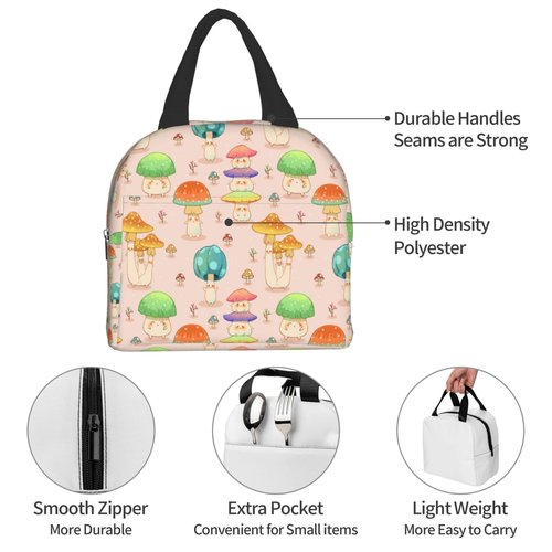 Hmklpi Cute Mushroom Portable Lunch Tote Bag - Reusable Lunch Box for Men and Women - Perfect for Camping/Hiking/Picnic/Beach/Travel