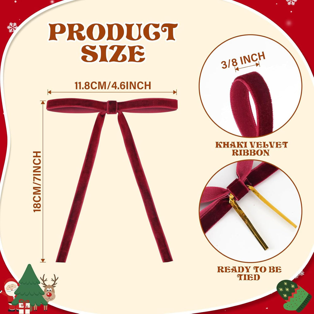 Regine Switzerland 24 Pcs Red Velvet Christmas Ornaments - Rustic Pre-Tied Bows for Holiday Décor | 5x7 Inch