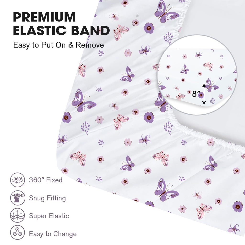 Little Grape Land Crib Sheets Girl 4 Pack, Baby Crib Sheets for Standard Crib & Toddler Mattress, Super Soft Breathable Crib Sheet Set for Girls, Floral & Butterfly