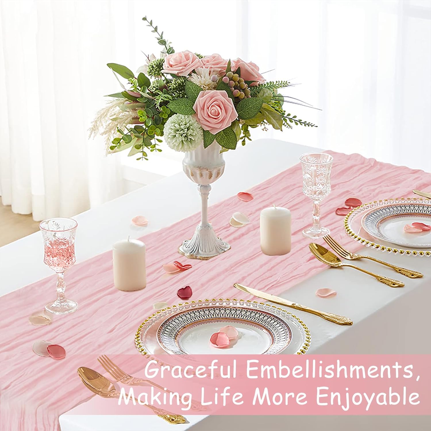 Regine Switzerland Pink Table Runner - 10 Ft Rustic Gauze for Weddings & Parties | Boho Style for Easter & Mother's Day