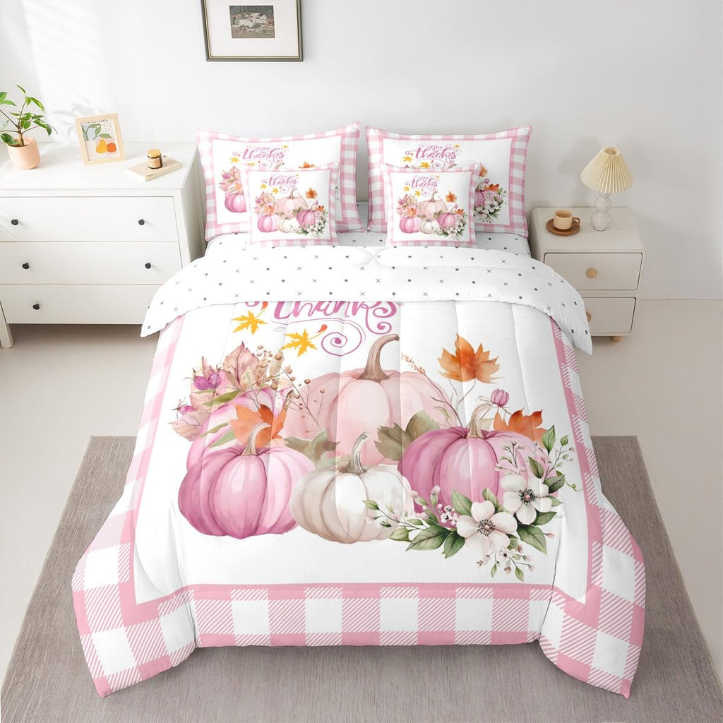 Feelyou Kids Pink Fall Comforter Set Full Size 7 Pieces Comforters Fall Pumpkin Floral Bedding Set Autumn Harvest Grid Bed Set Bed in a Bag with Comforter, Sheets, Pillowcases & Cushion Covers