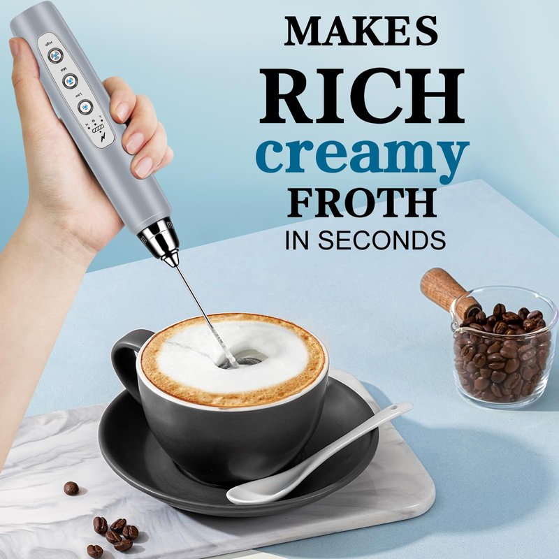 BSRGMS Milk Frother Handheld for Coffee, Electric Whisk 3 Speed Adjustable, Drink Mixer with Stainless 3 Whisks, Rechargeable Hand Frother Wand, for Latte Cappuccino Hot Chocolate Egg Cement Gray