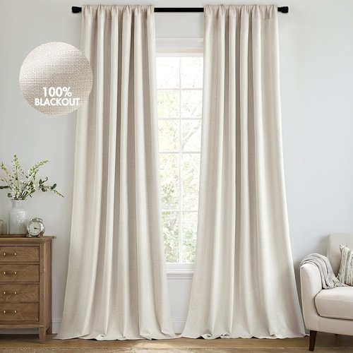MIULEE 100% Blackout Curtains - Luxury Faux Linen Room Darkening Drapes | 84 Inch Long, Birch, 2 Panels Set