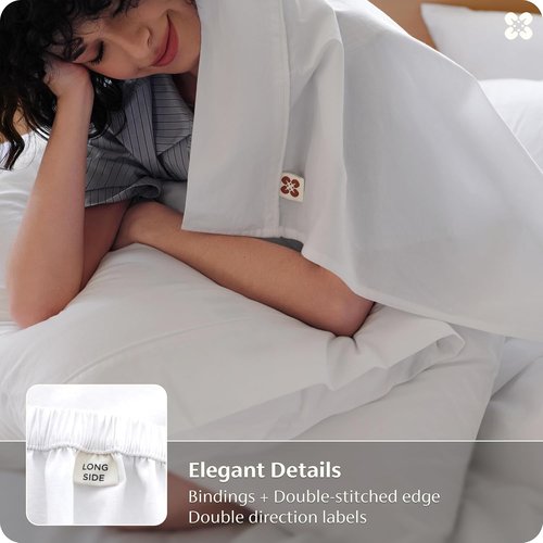 Bedsure 100% Washed Cotton Percale Sheets - Soft & Breathable 6-Piece Queen Set with 18" Deep Pockets (White)