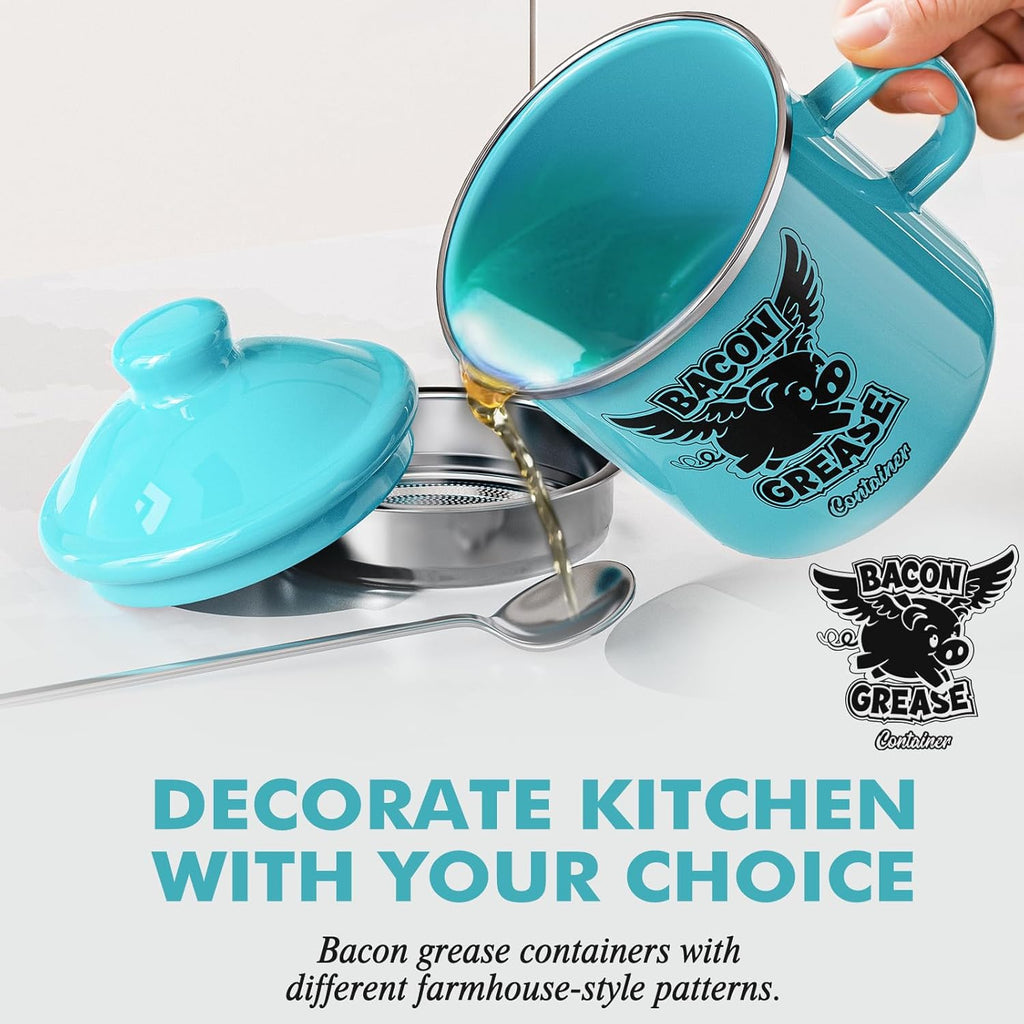 PGYARD Mini Bacon Grease Container - 15oz Farmhouse Enamel Grease Saver in Light Blue
