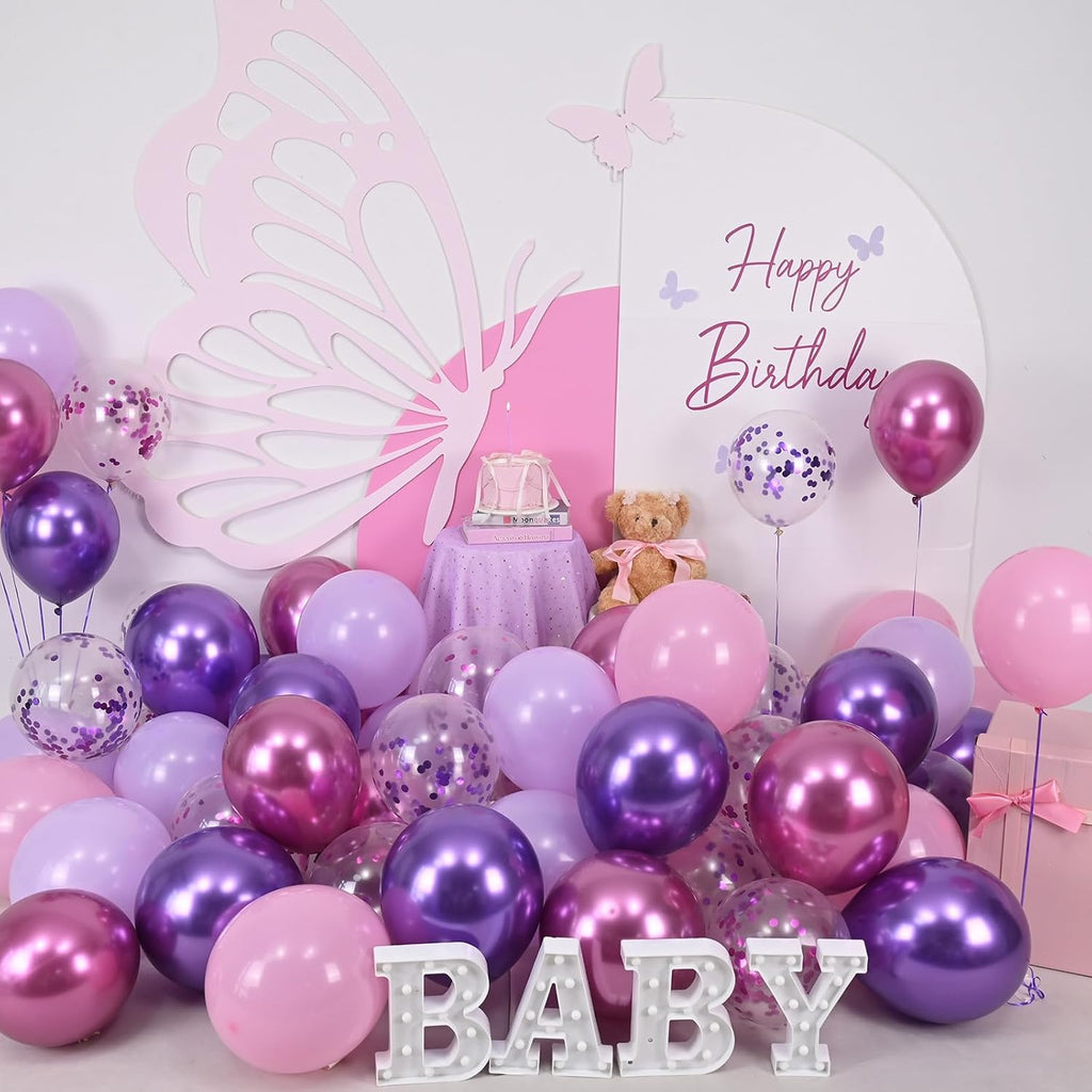 Togvu 12-Inch Metallic Purple Pink Balloons - 60 Pack Confetti Latex for Birthday & Baby Shower Decor