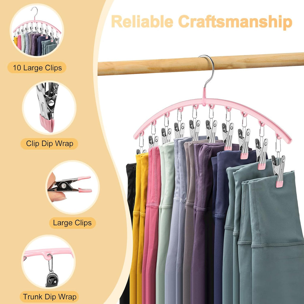 Skiennix Legging Organizer - Space-Saving Metal Yoga Pants Hangers, 4 Pack with 10 Clips, Pink