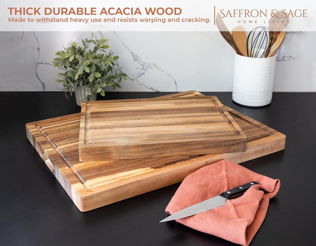 Saffron & Sage Large Wood Cutting Board - Thick Acacia 16 x 12 x 1.5 Inch with Juice Groove & Reversible Design