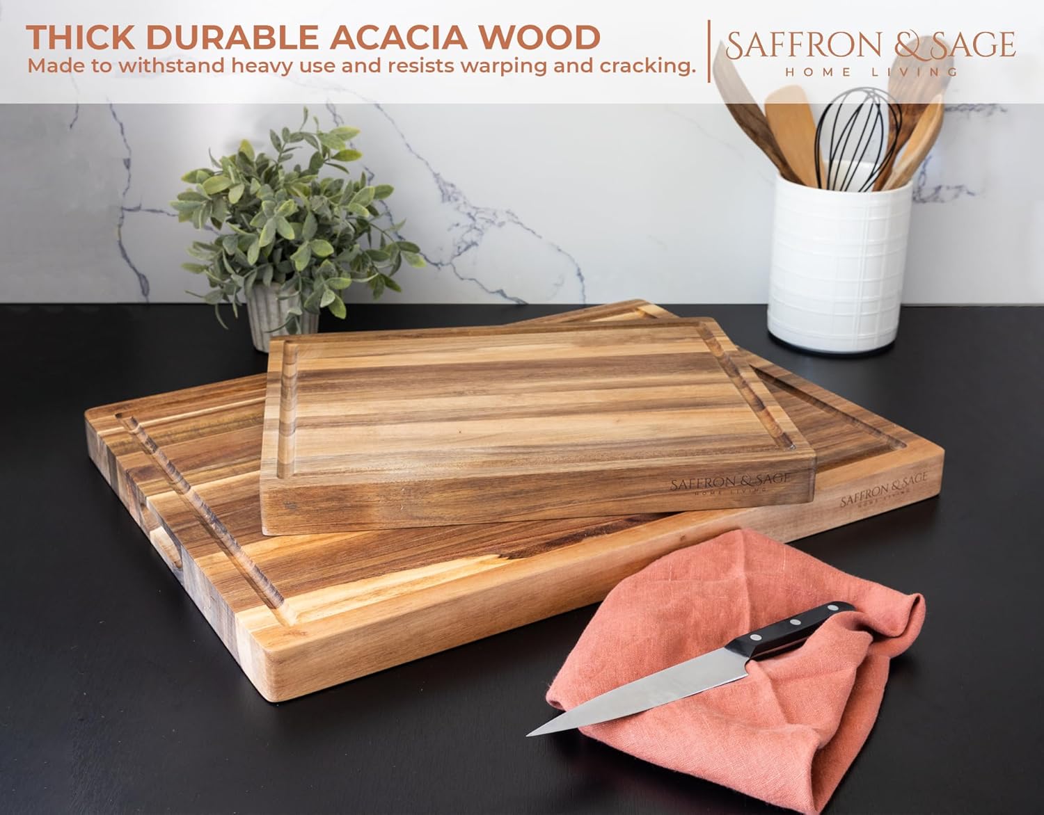 Saffron & Sage Large Wood Cutting Board - Thick Acacia 16 x 12 x 1.5 Inch with Juice Groove & Reversible Design