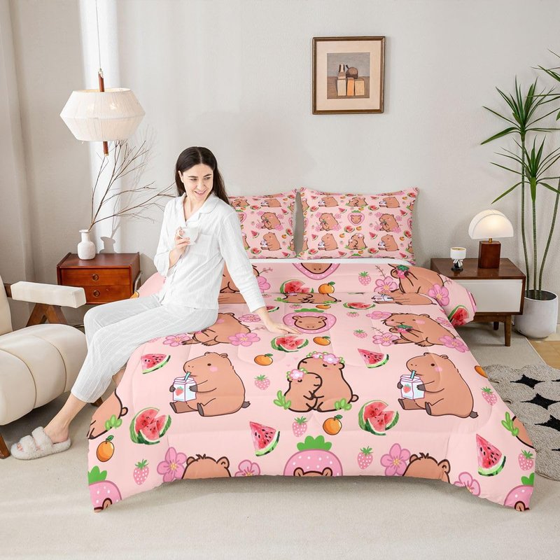 Capybara Lover Bedding Set, Capybaras Decor Comforter Set Twin For Kids Girls Bedroom, Cartoon Rodent Animals Quilted Duvet Capybara Decorations Watermelon Strawberry Duvet Insert Kawaii Decor, Pink