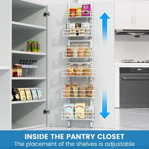 Purdaz Adjustable 6-Tier Over the Door Pantry Organizer, Spice Rack, Narrow Hanging Shelf for Kitchen Storage and Organization (White)