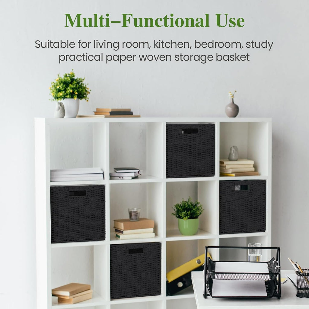 Skiennix Woven Wicker Storage Baskets - 2-Pack Handwoven Paper Rope Organizers | 11x11 Foldable Bins in Classic Black