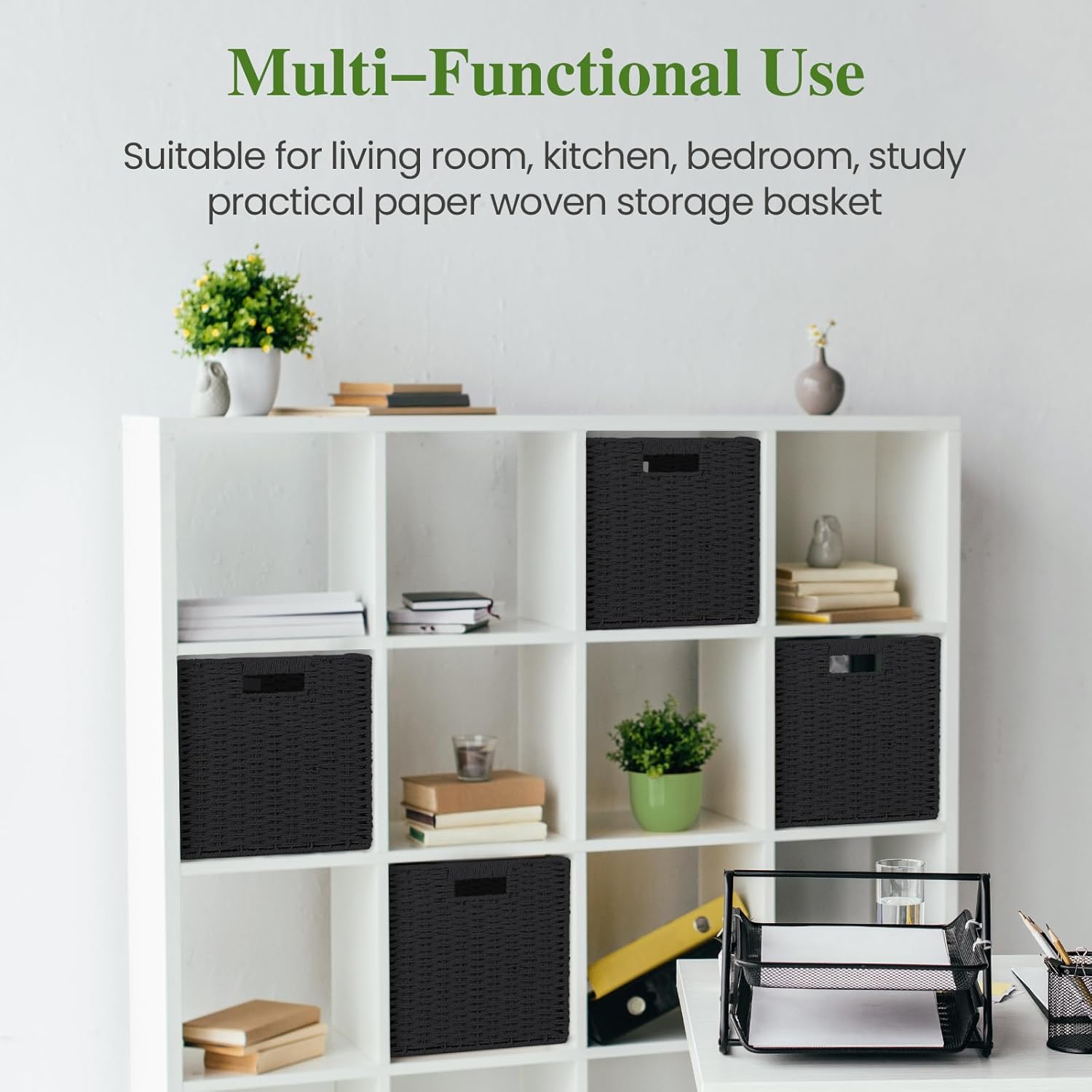 Skiennix Woven Wicker Storage Baskets - 2-Pack Handwoven Paper Rope Organizers | 11x11 Foldable Bins in Classic Black