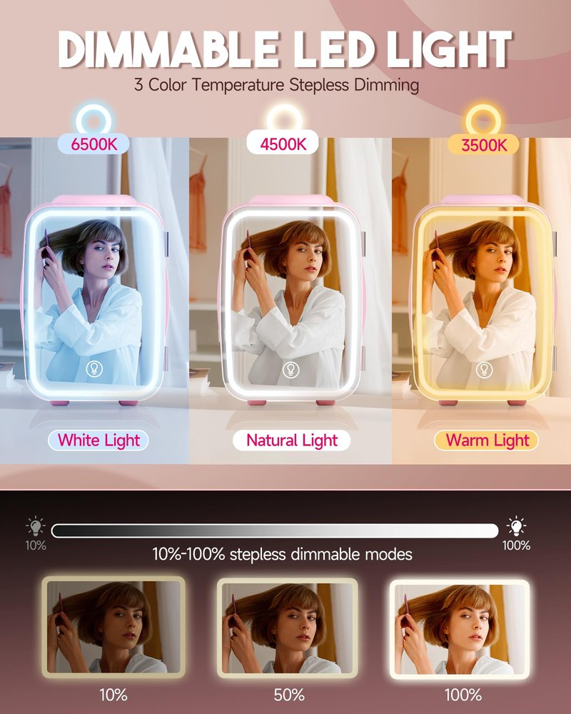 BEICHEN Skincare Fridge with Dimmable LED Light Mirror,4 Liter/6 Can Mini Fridge Skincare for Bedroom,Office, Car, Dorm,Cooler and Warmer, Portable Mini Fridge for Skin Care, Cosmetics, Food,Pink