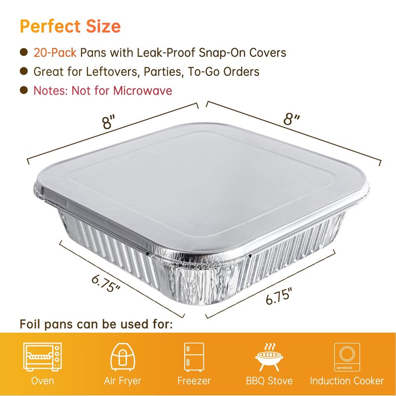 Ezsart 8x8 Aluminum Pans with Lids - 20 Pack Disposable Foil Pans with Lids, Aluminum Containers with Lids for Baking Cake, Holiday Cooking, Heating, Storing, Prepping Food
