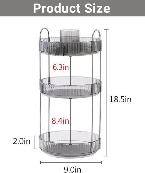 Asayuee 360 Rotating Makeup Organizer - Large 3-Tier Storage for Skincare & Cosmetics | Grey