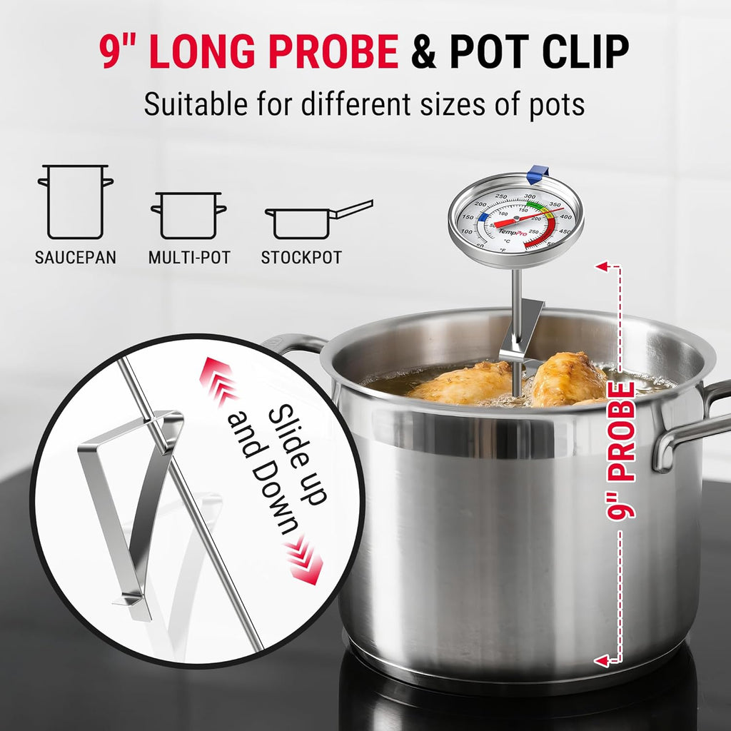 TempPro Candy Thermometer - 9" Long Probe with Pot Clip for Frying, Chocolate & Caramel Cooking