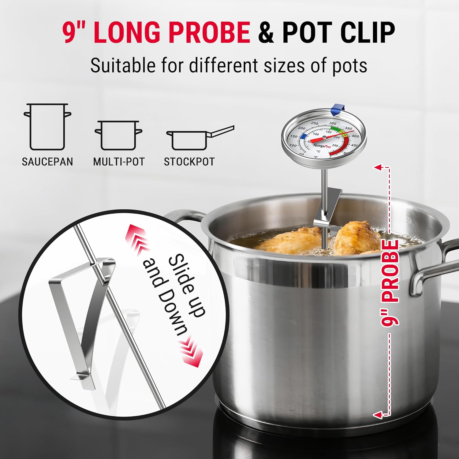 TempPro Candy Thermometer - 9" Long Probe with Pot Clip for Frying, Chocolate & Caramel Cooking