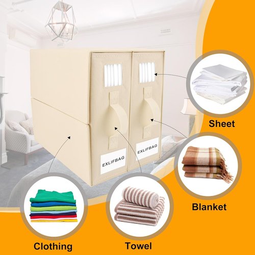 **EXLIFBAG Sheet Organizers - Foldable Bedding Storage with Window | XL for Queen & King Size, Beige**