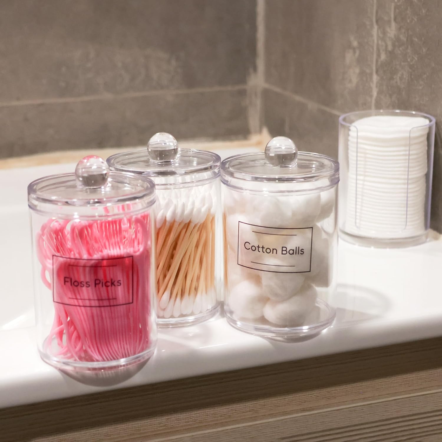 Skiennix Acrylic Qtip Holder Dispenser Set - 4 Pack Canisters for Makeup & Bathroom Organization | 10 & 12 oz