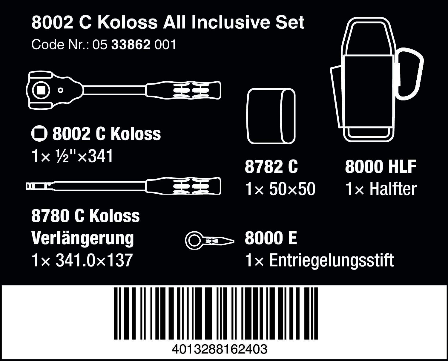WERA 8002 C Koloss Tool Set - All-Inclusive 5-Piece 1/2" Drive for Ultimate Versatility