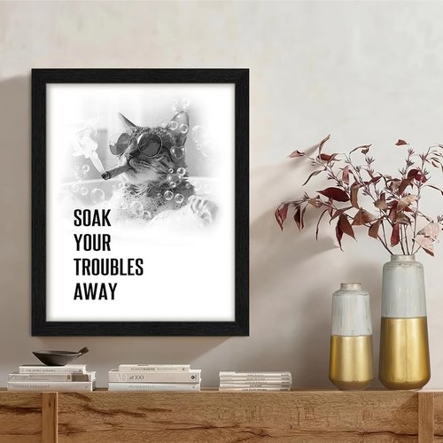 arteWOODS Funny Cat Bathroom Wall Art - Rustic Black Framed Print with Humorous Quotes | 8x10 Inch Decor