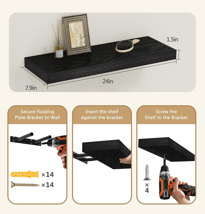 Vervida® 3 Pack Black Floating Shelves,24" W x 7.9" D x 1.5" H, Holds Up to 37 Lbs, Ideal for Living Room, Bedroom, Bathroom, Kitchen, Office, Storage, Display, with Invisible Brackets Wall Shelves