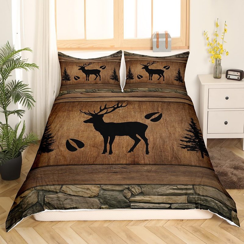 Manfei Rustic Deer Duvet Cover Set King Size, Black Trees Deer Paw Print Comforter Cover with 2 Pillowcases, Brwon Wooden Plank Bedding Set 3pcs for Kids Boys Wild Animal Bedspread Cover,No Comforter