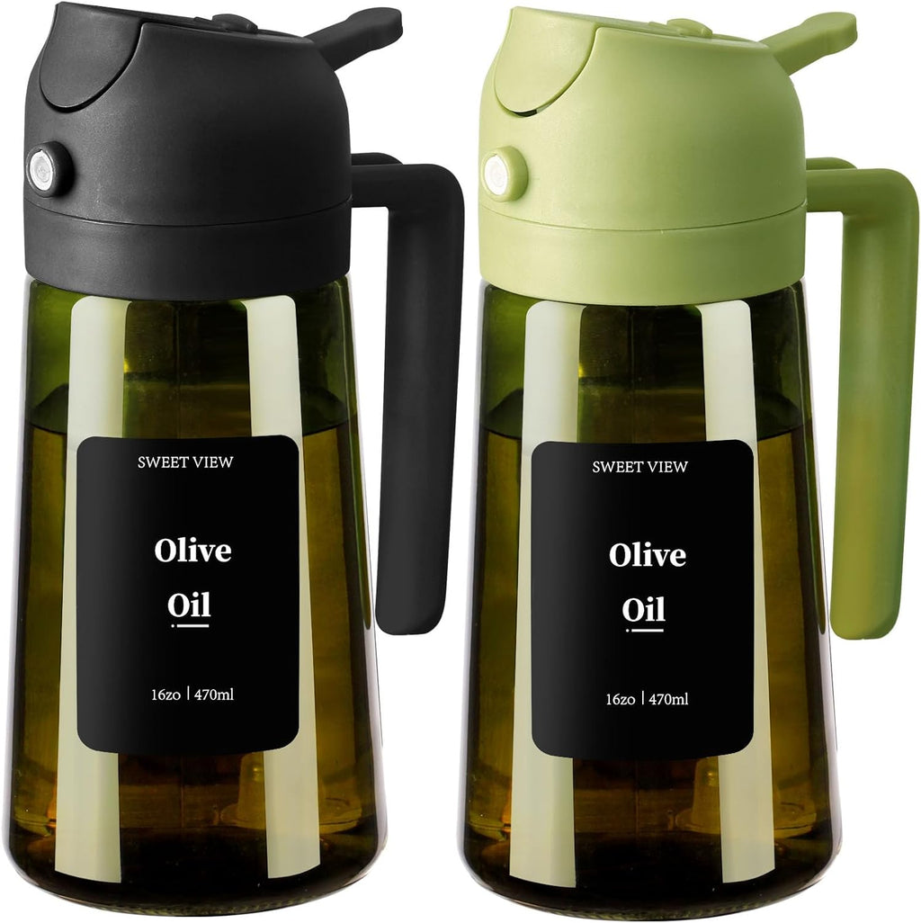 Sweet View Olive Oil Dispenser & Sprayer - 16oz Glass Light-Proof Pourer for Cooking, BBQ & Salad