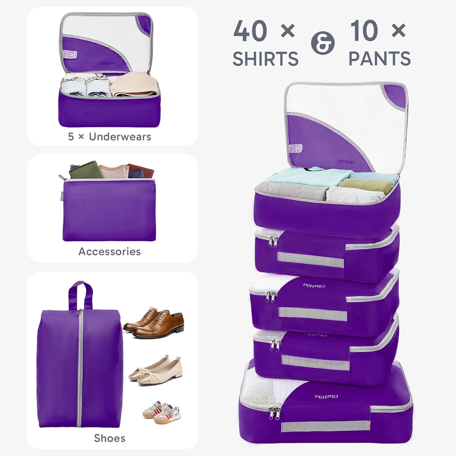 OlarHike Packing Cubes - Durable Travel Organizers with Anti-Tear Stitching | 10-Piece Set in Purple