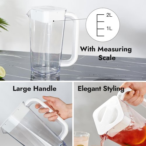 CURTA 1 Pack 2 Liters/68 oz Plastic Square Pitcher with Lid & Handle for Kitchen,ICED JUICE and Coffee Carafe Beverage Serveware, Acrylic Water Jug for Hot/Cold Drinks&lemonade