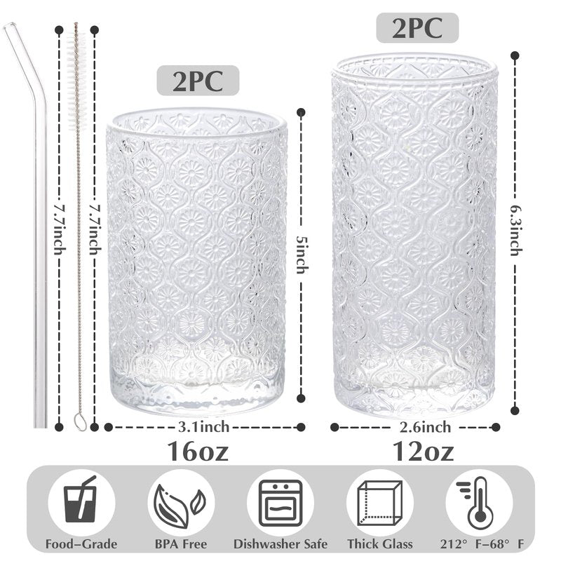 WeirdUncle Set of 4 Vintage Embossed Glassware,2 Collins Glass cups 12oz & 2 Highball Drinking Glasses 16oz, Clear, Art Deco, for Beer, Water, Cocktail, Juice, Whiskey, Gift