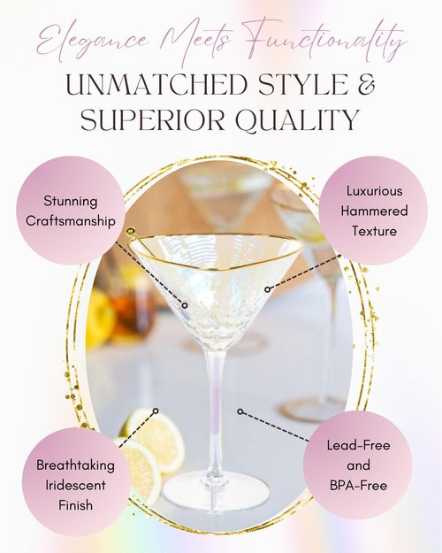 Sisterly Drinkware Iridescent Hammered Martini Glasses Set of 2 – Handmade Gold Rim Cocktail Glasses with 2 Gold-Plated Picks & 2 Coasters – 8 oz Elegant Barware for Martinis, Cocktails & Mocktails