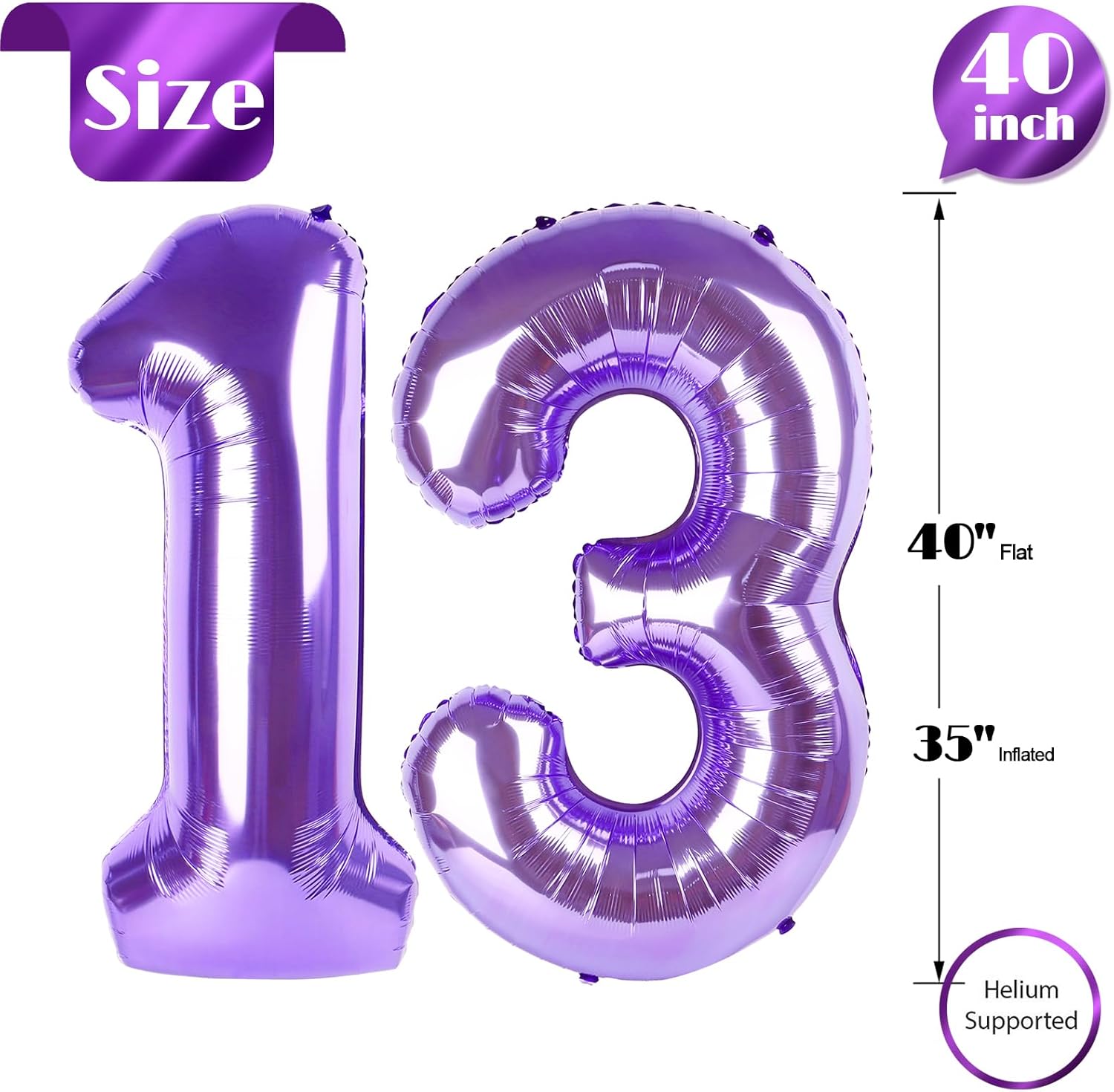 Purple Number 13 Balloon - 40 Inch Giant Birthday Decoration for 13th Year Celebration