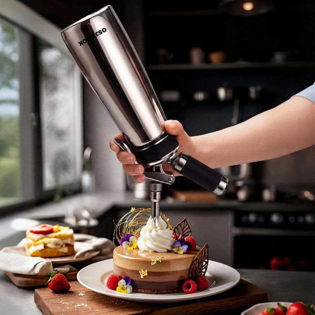 OSJCOOK Whipped Cream Dispenser Stainless Steel Cream Whipper Mirror Finish,500 mL/1 Pint Professional Cream Maker,5 Various Stainless Decorating Nozzles,1 Cleaning Brush,N2O Chargers NOT included