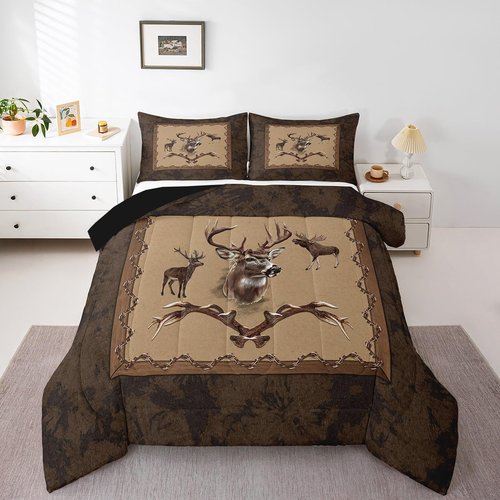 Erosebridal Farmhouse Deer Comforter Sets for Kids Boys Girls Southwestern Bedding Set Twin Size Rustic Hunting Animal Quilt Moose Deer Down Comforter with 1 Pillow Sham Bedroom Decor