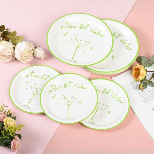 Elyxio 48Pcs A Tini Bit Older Party Plates Martini Bar Disposable Paper Plate Weenies and Tinies 9" and 7" Dinner Dessert Plates for Espresso Bachelorette Trendy Green Party Supplies