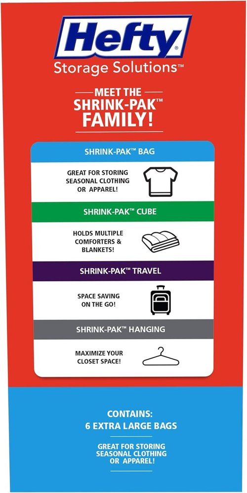Hefty Shrink-Pak Vacuum Seal Storage Bags - 6 Extra Large Space Saver Bags for Clothing & Blankets